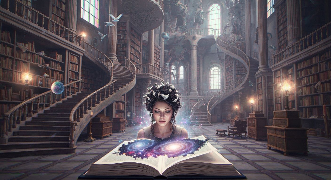 Grand Library with Impossible Architecture in Glitch Art Sty...