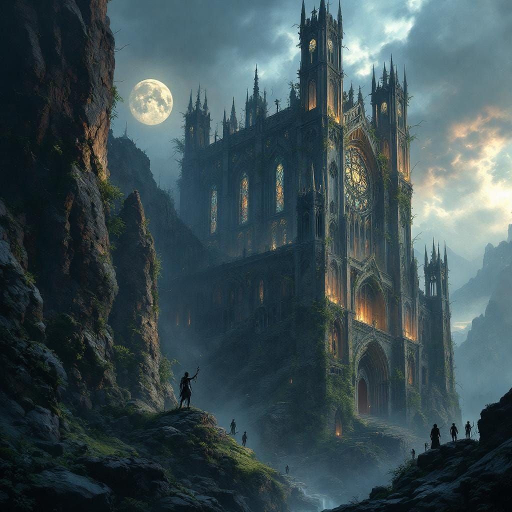 Cliffside Cathedral with Shattered Glass in Dark Fantasy Sty...
