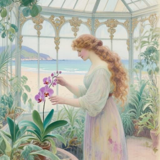 Woman Watering Orchids in Lush Greenhouse