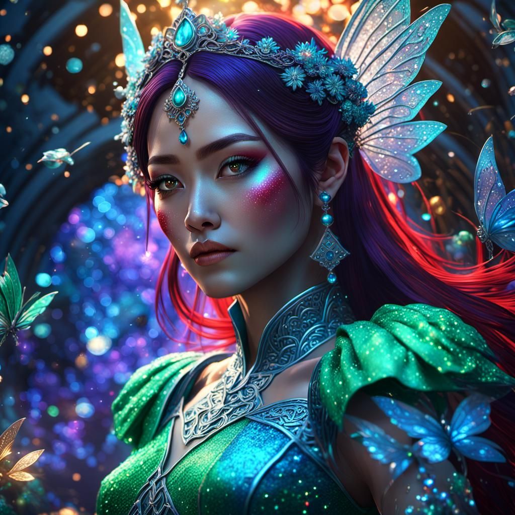 Beautiful fantasy world asian woman red green blue aqua and glimmering shimmering silver fairy dust sparkles
