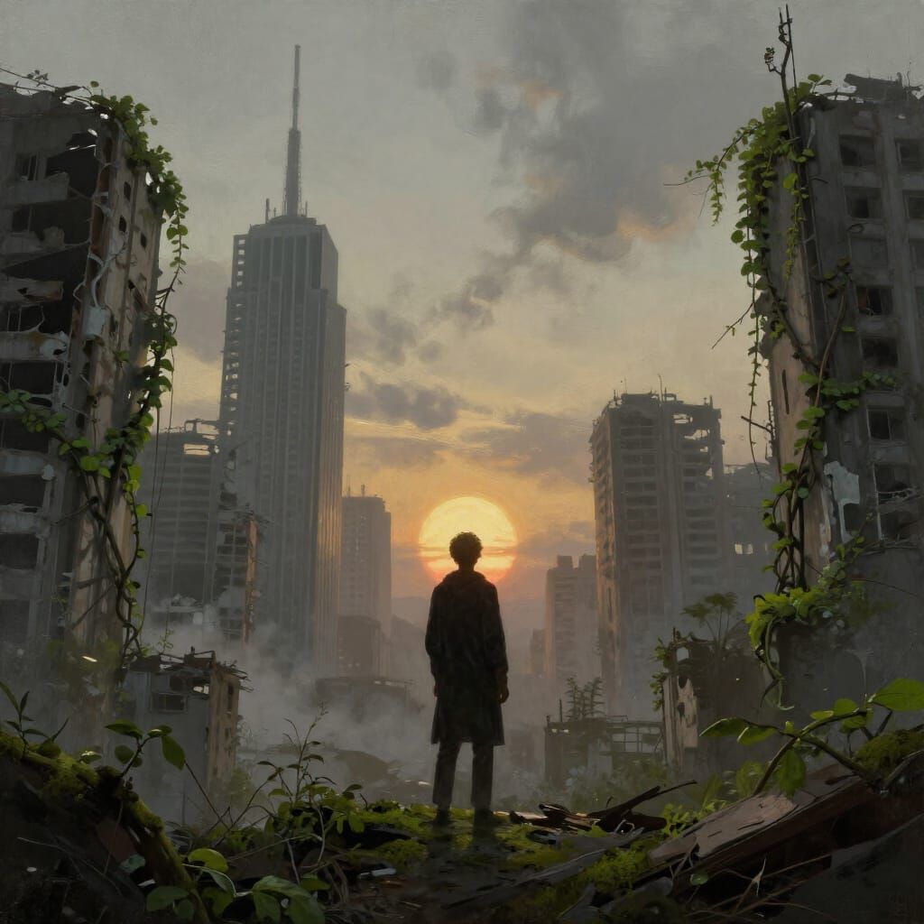 Dystopian Cityscape at Sunset, Nature Reclaims Decay