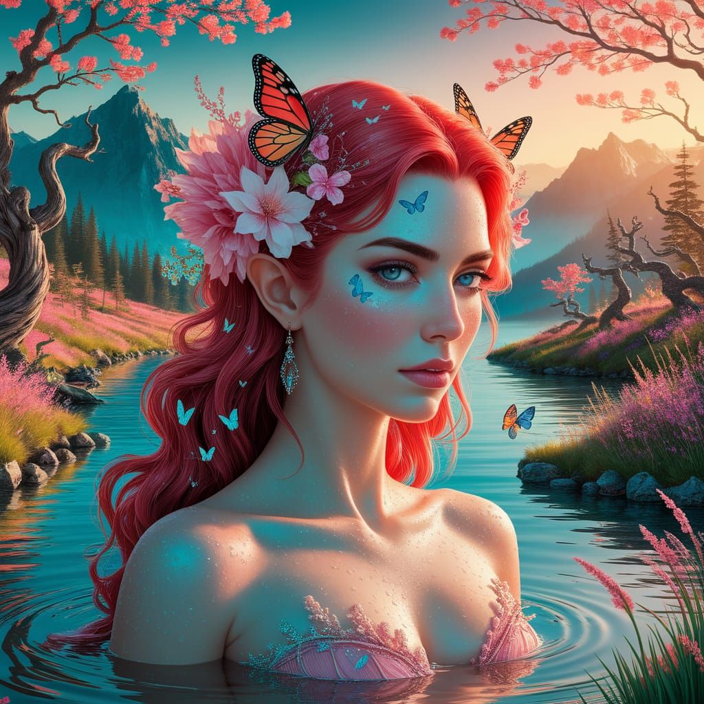 Red-Haired Mermaid Goddess in Tropical Haven