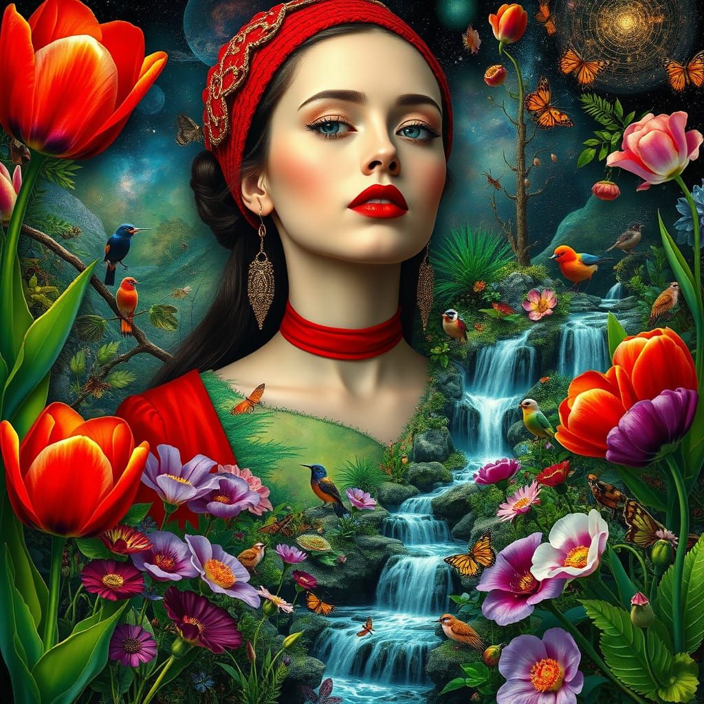 Woman in Rainforest Collage: Klimt-Inspired Surrealism