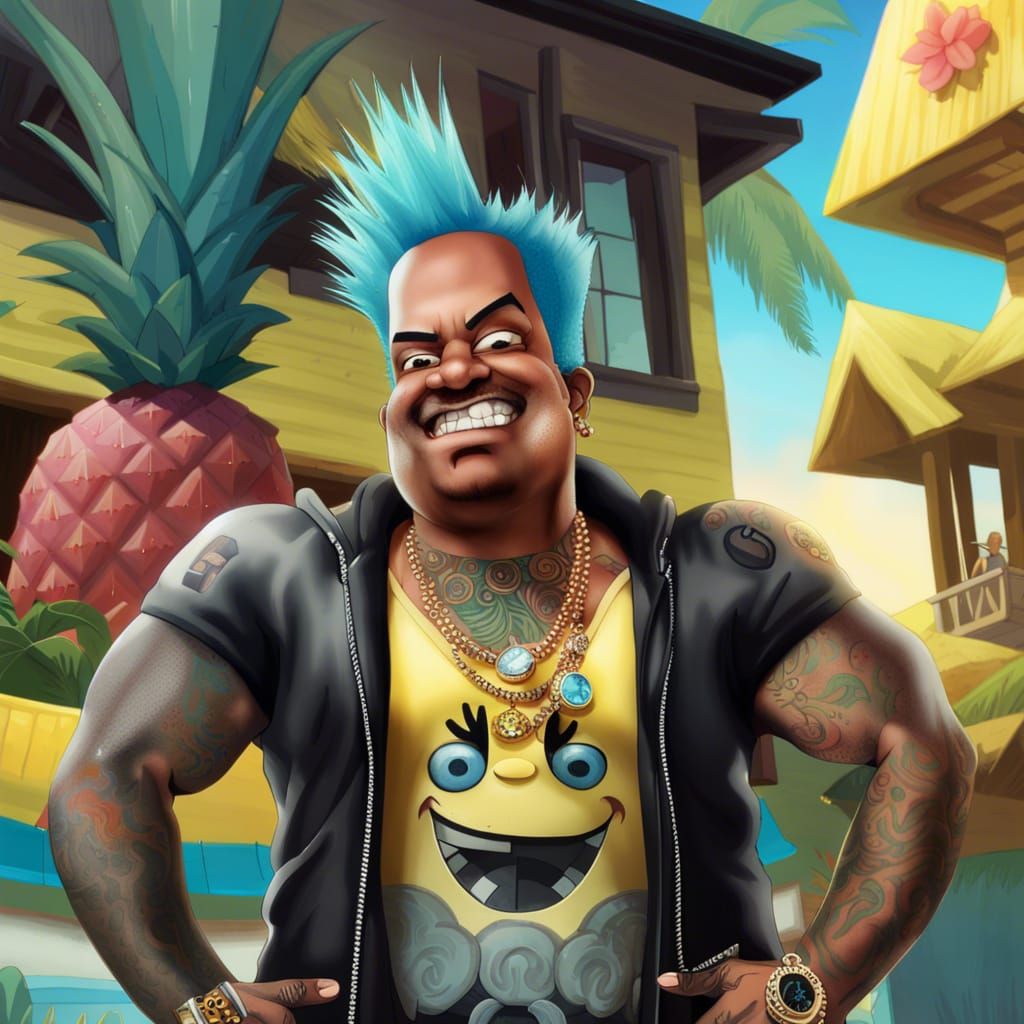 SpongeBob with diamond teeth and jewelry, tattoos ombré black and blue haircut, middle finger on both hands up, dressed ...