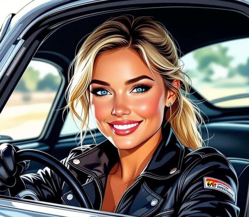 Blonde Race Car Driver in Vintage Porsche, Comic Book Style