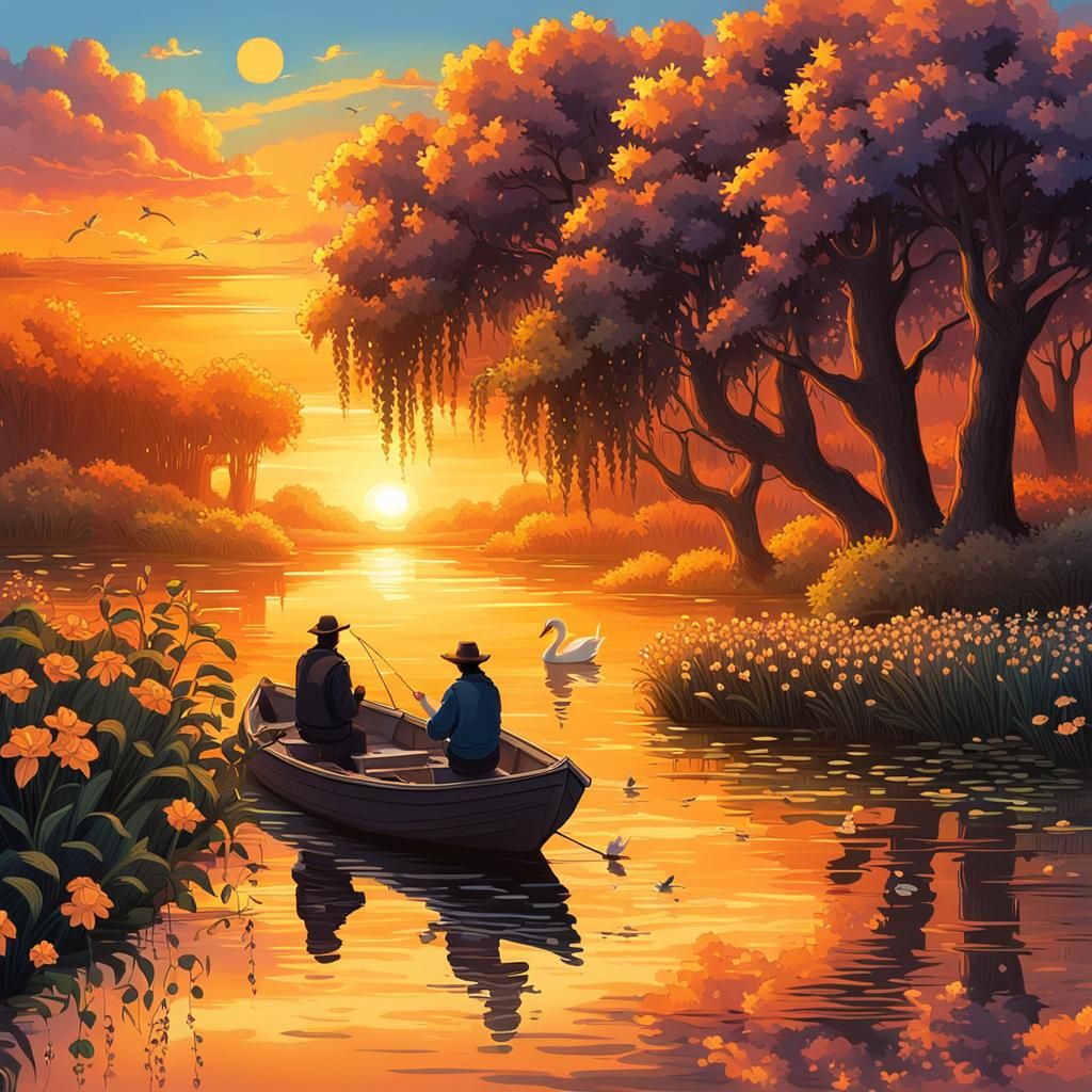 Tranquil Riverbank at Sunset with Glowing Plants