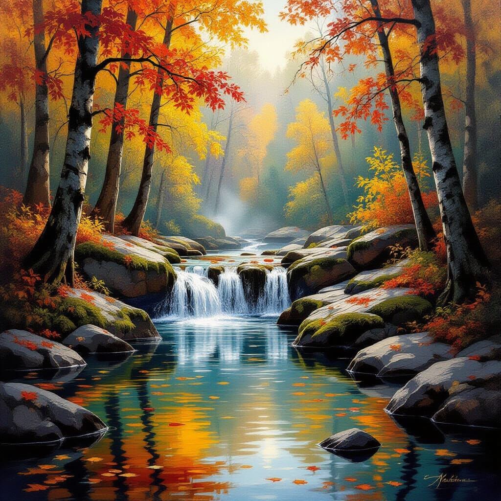 Serene Autumn Forest Waterfall Landscape