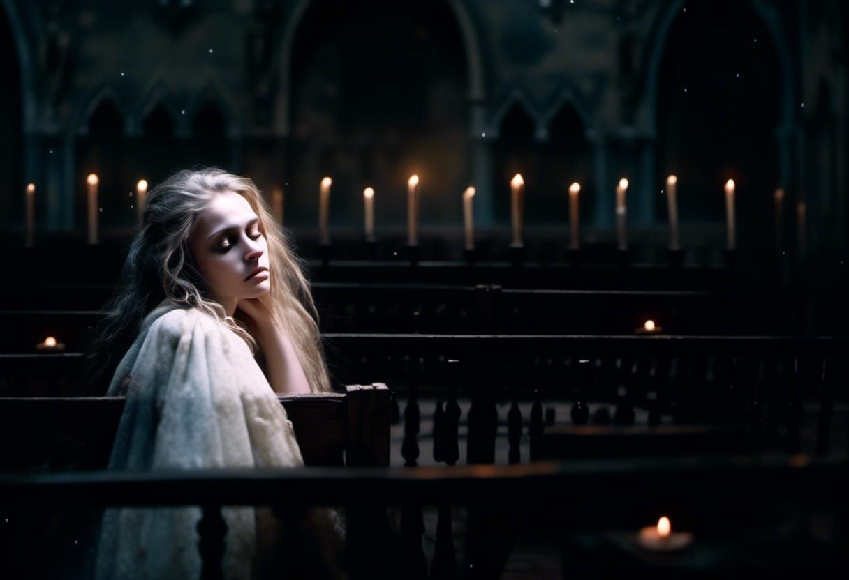 Dark Fantasy Mary Magdalene in Misty Abandoned Church