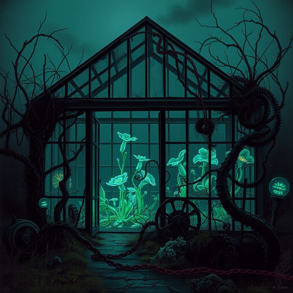 Mystical Greenhouse with Bioluminescent Flora