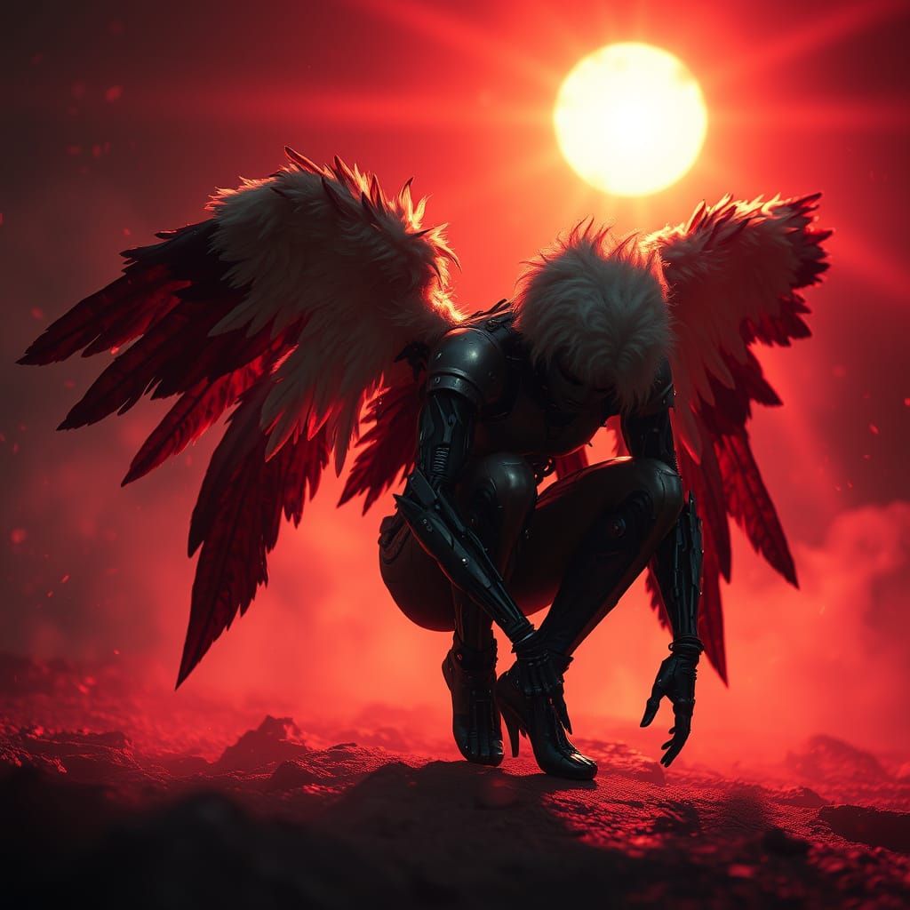 Cybernetic Fallen Angel in Bioluminescent Sunfire
