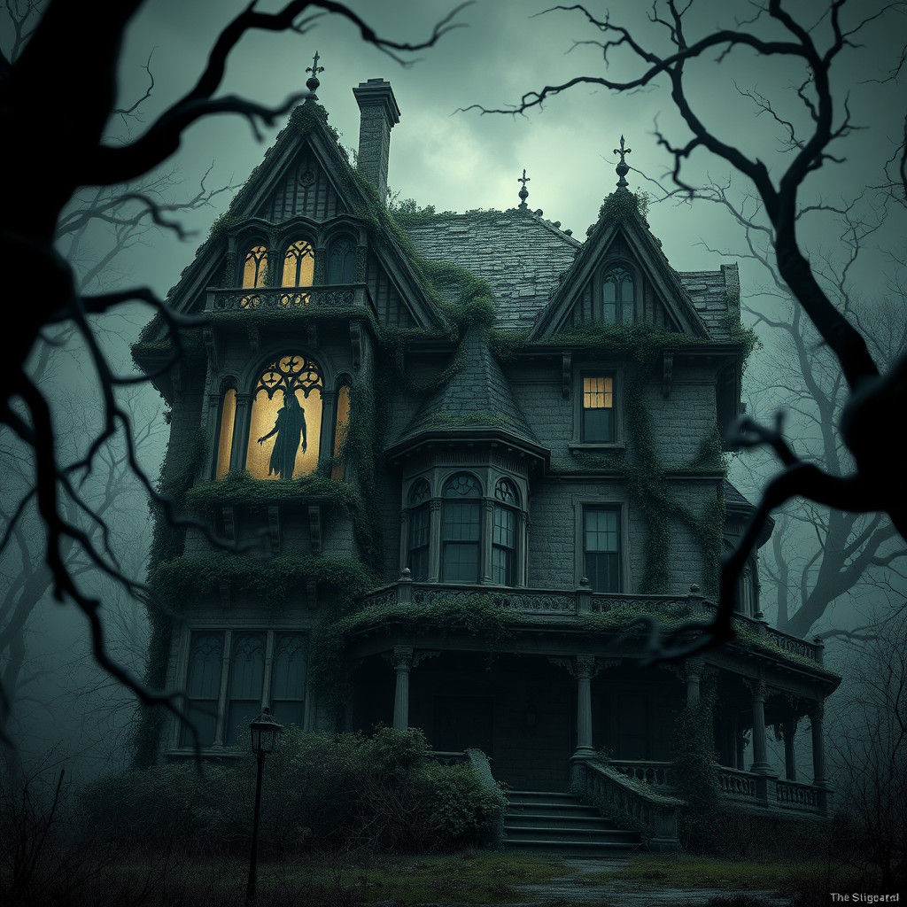 Haunting Victorian Mansion with Ghostly Figure
