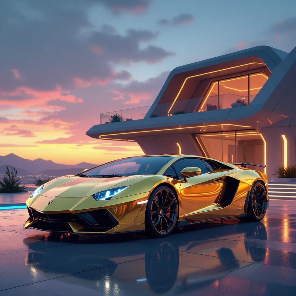Golden Lamborghini at Futuristic Mansion Sunset