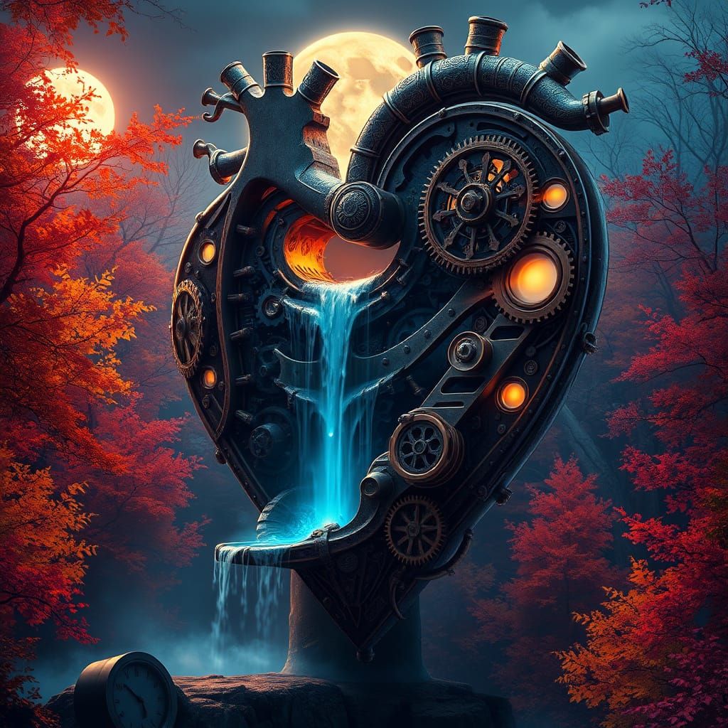 Steampunk Heart Mechanism in Moonlit Autumn Forest