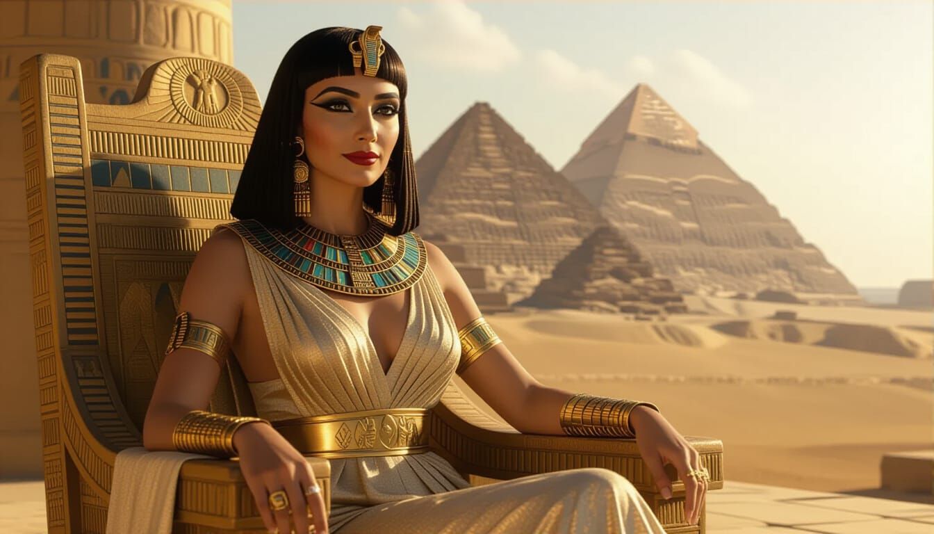 Cleopatra on Stone Throne: Ancient Egypt Opulence