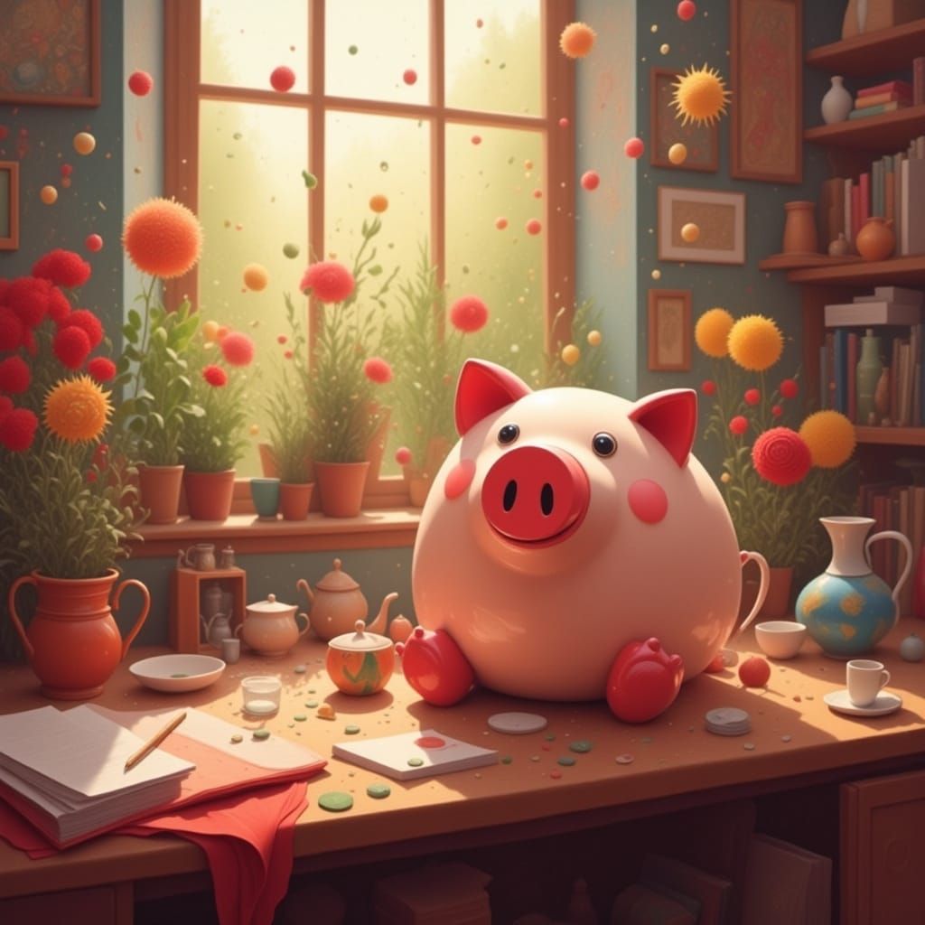 <lora:PEPPERMINT SNOW:1.0> <lora:CRIMSON CROWN:1.0> A piggy bank