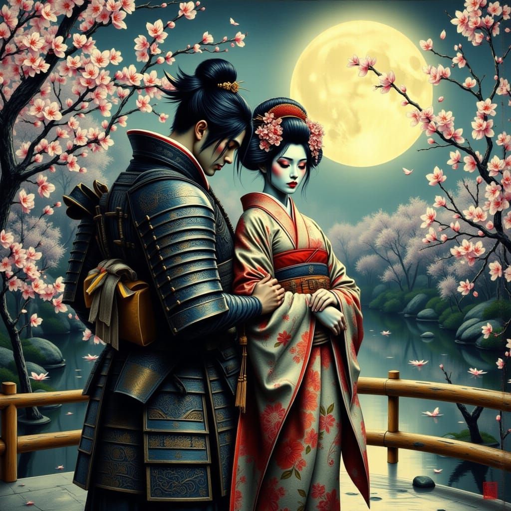 Samurai and Geisha Embrace Under Cherry Blossoms