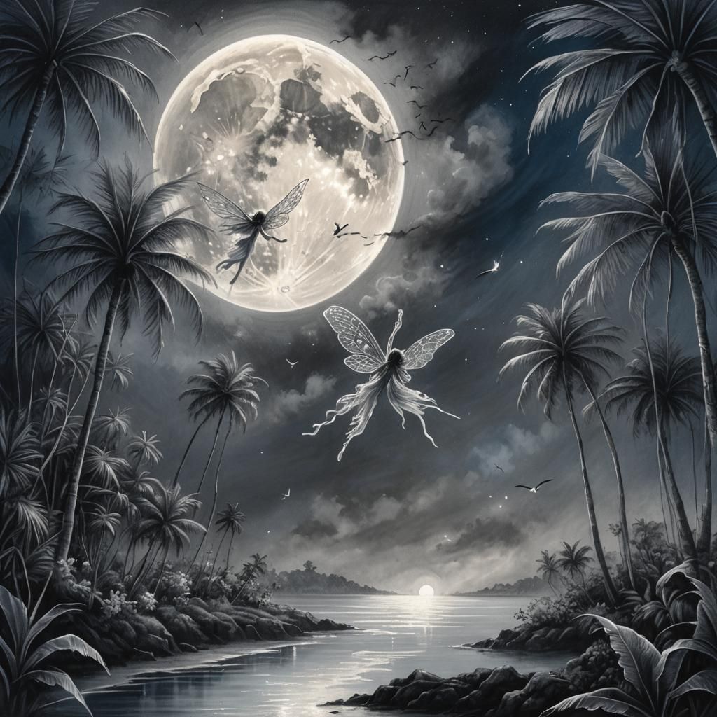 Tropical Island Fairies in Charcoal Drawing