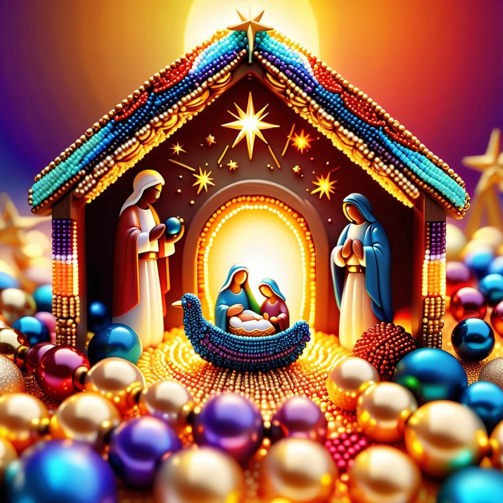 Nativity Scene of Glowing Beads in Vibrant Digital Art