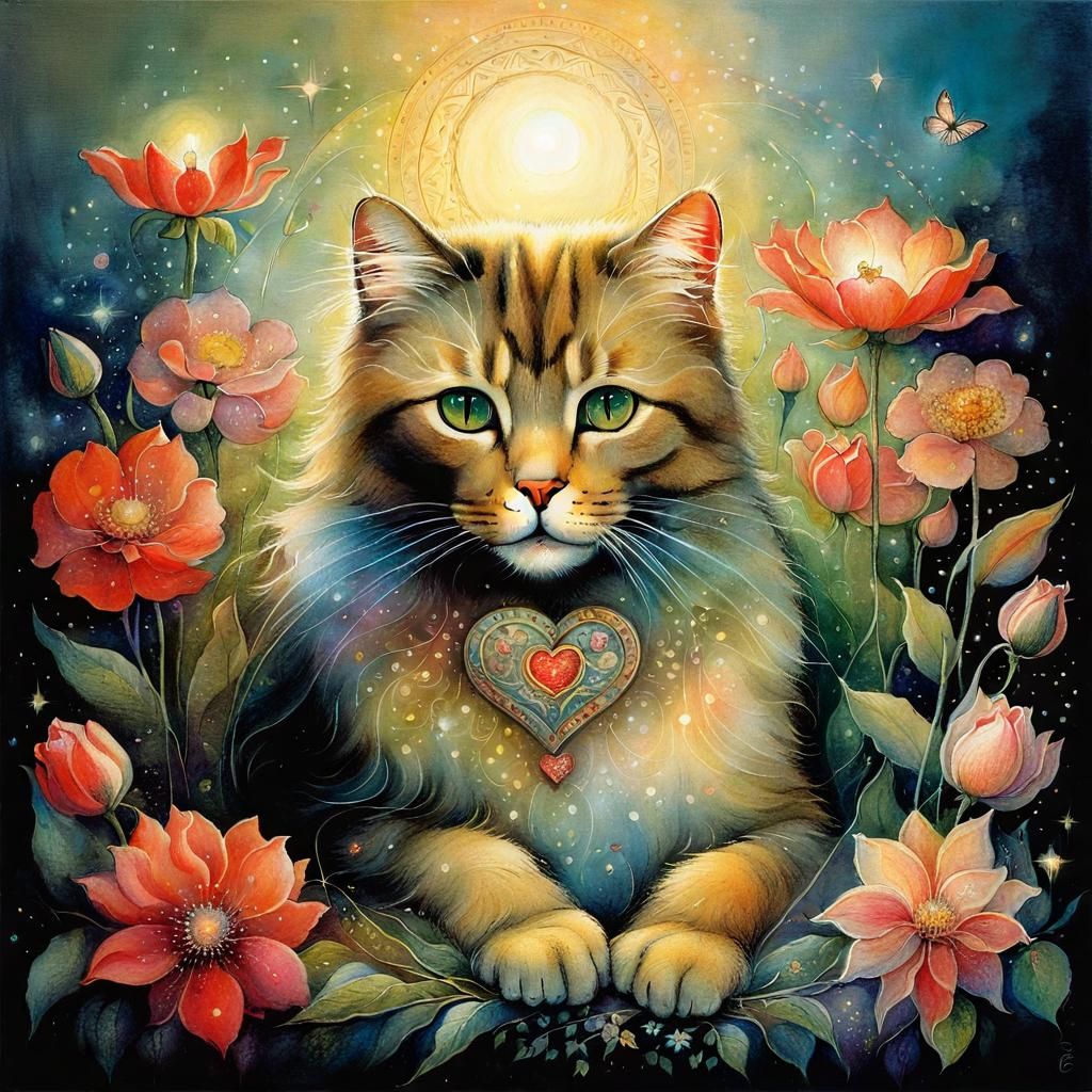 Cat Surrounded by Flowers in Visionary Art Style