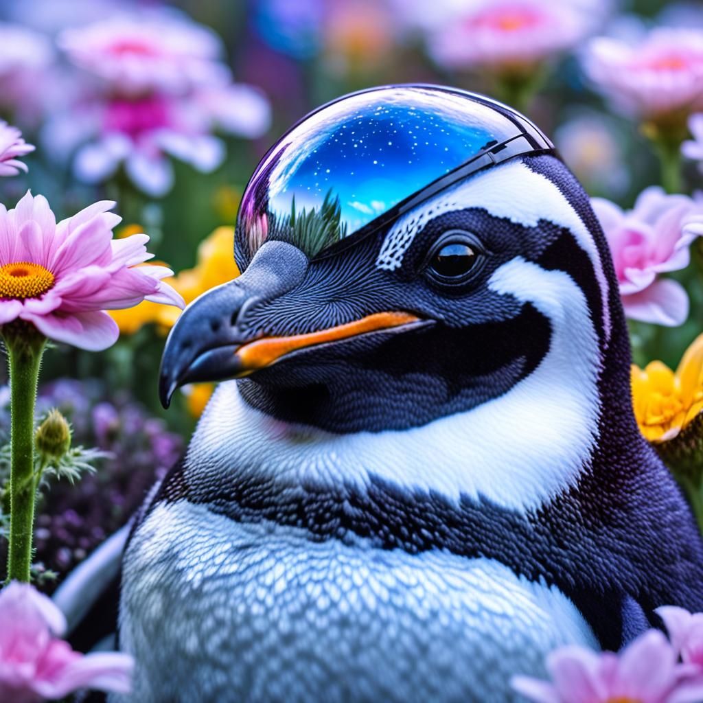 Penguin in Floral Garden: Surreal Macro Photography