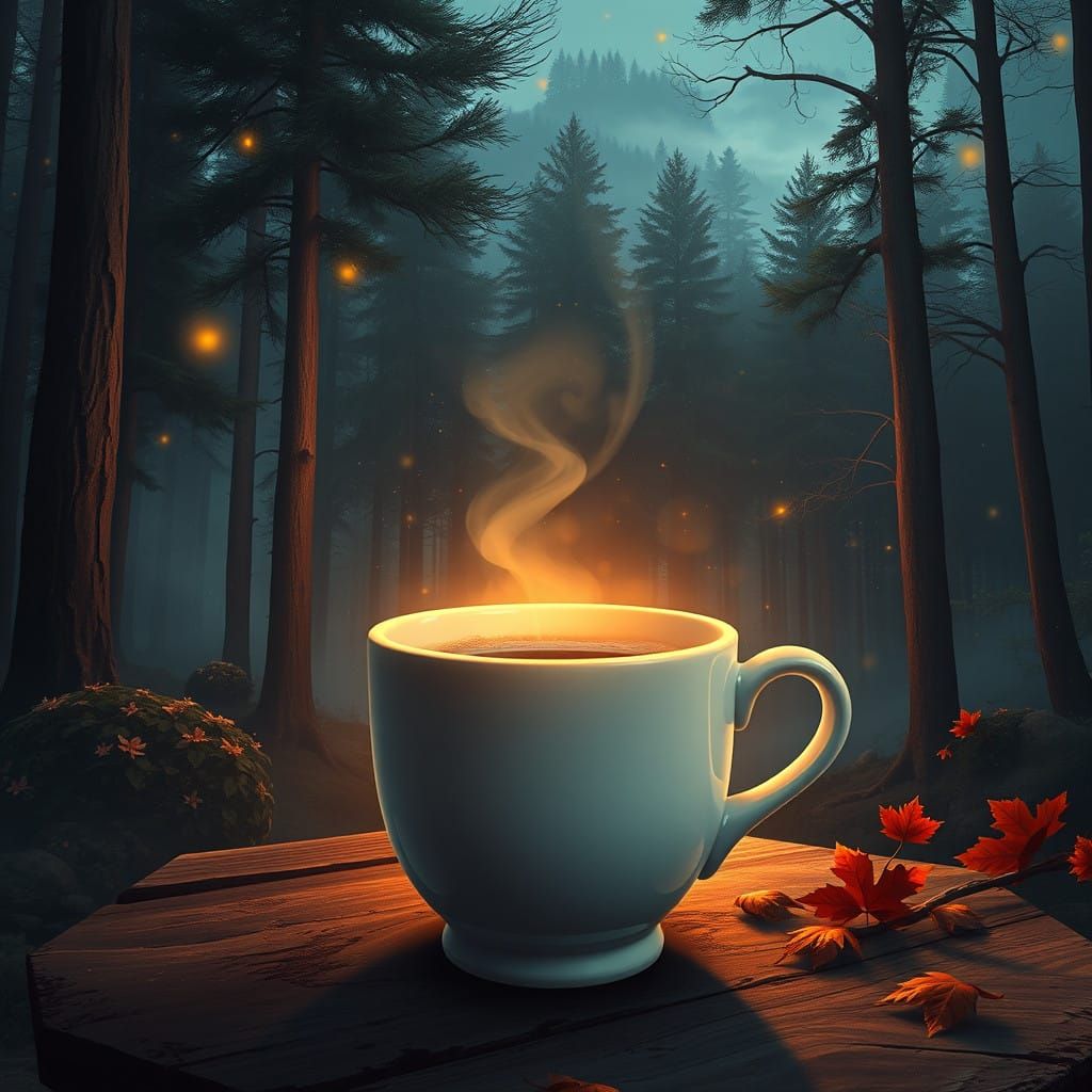 Mystical Morning Coffee Scene in a Dreamlike Forest