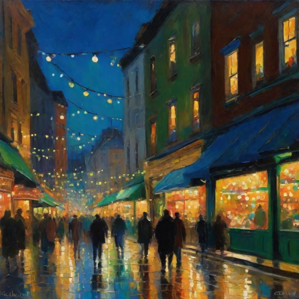 Night Street Scene in Impressionist Oil Painting Style
