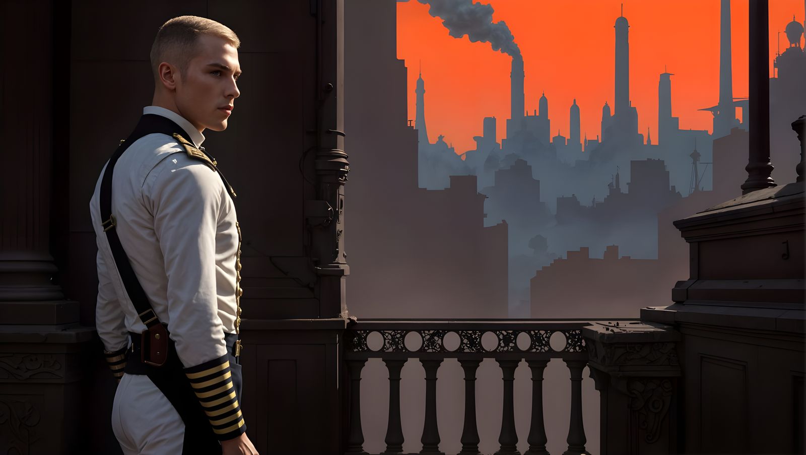 Steampunk Sailor Overlooking Moebius Cityscape