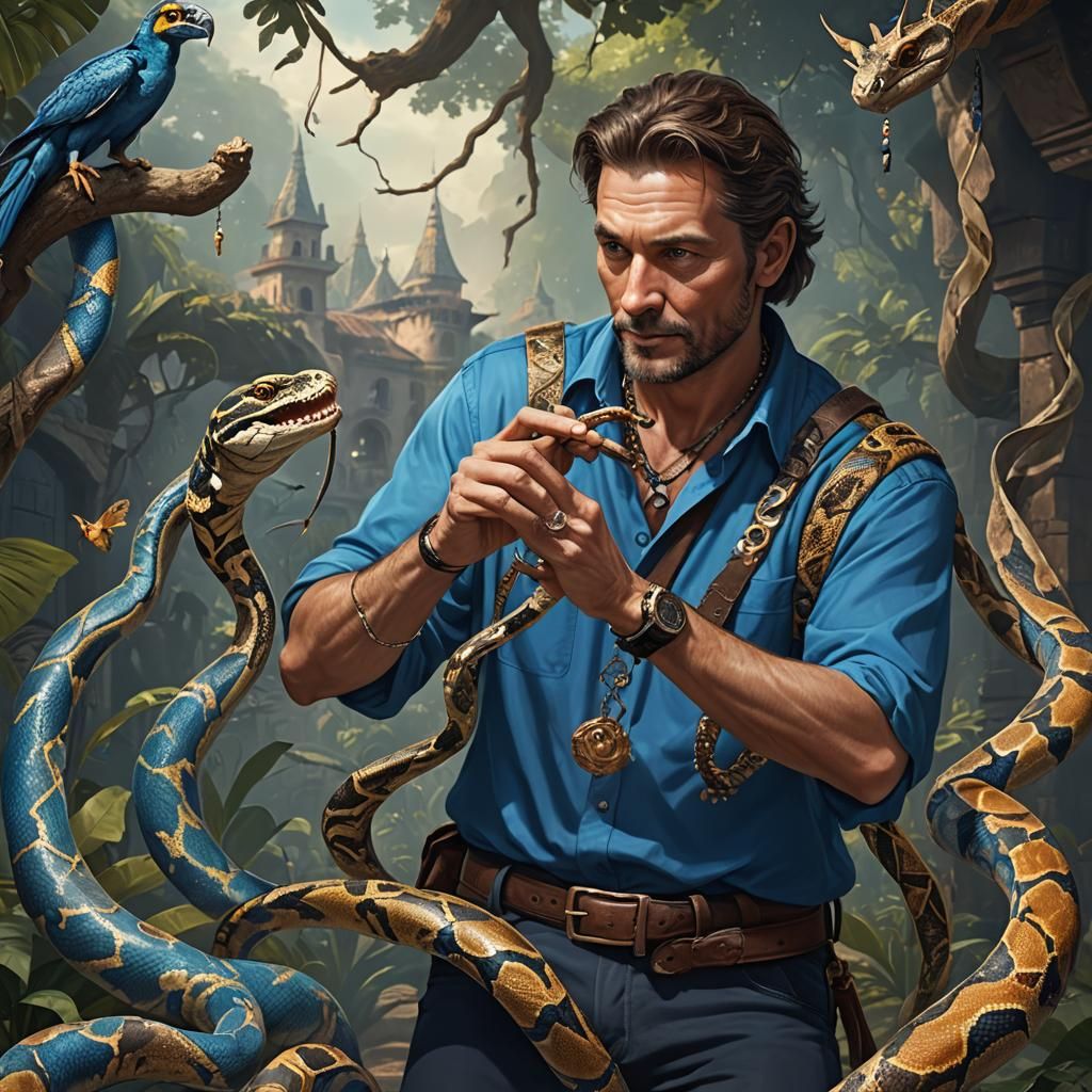 Snake Charmer with Boa Constrictor, Fantasy Art