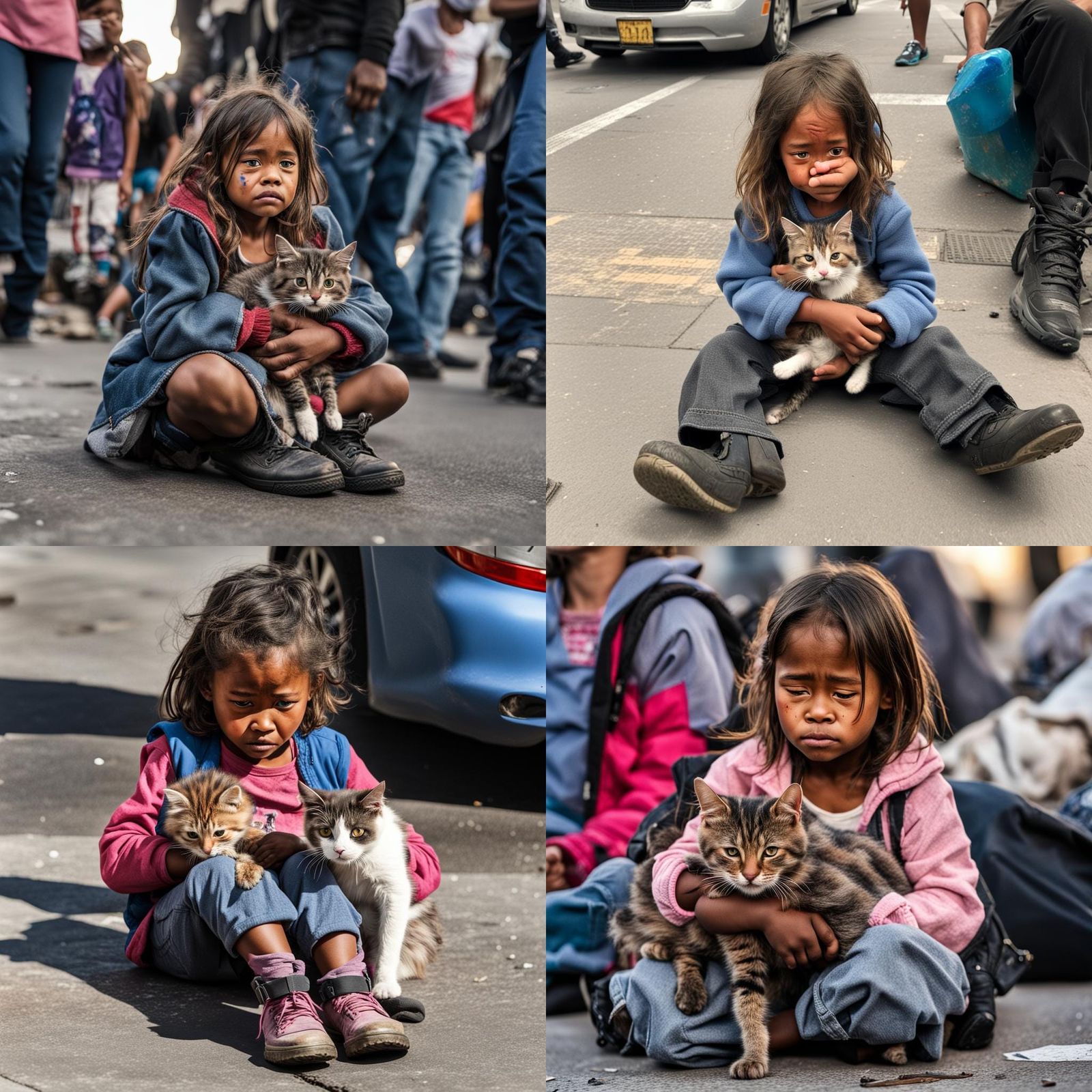 Crying Girl with Cat in Homeless Los Angeles
