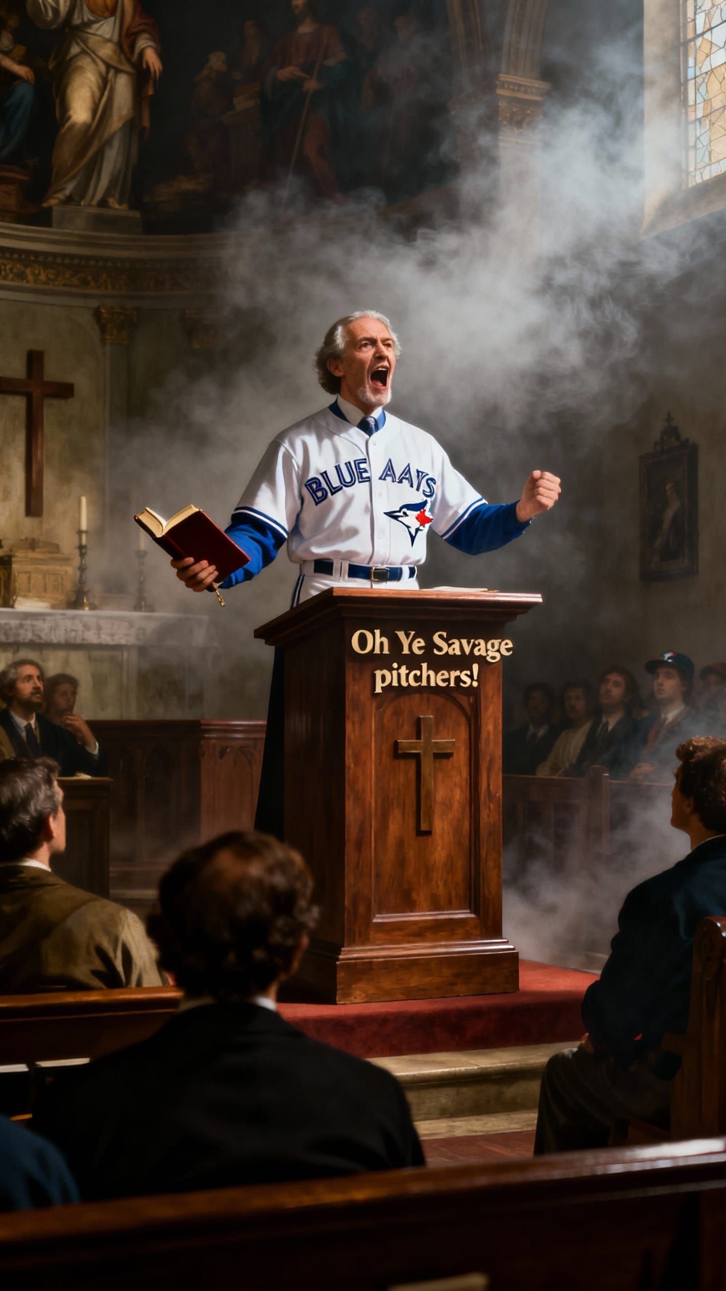 Preacher in Blue Jays Uniform Yelling from Pulpit