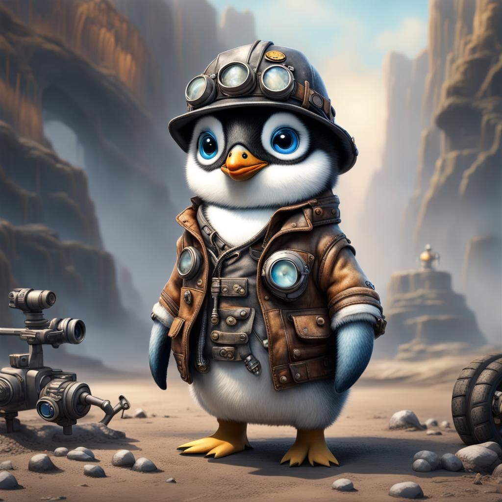 Dieselpunk Penguin Chick in Wasteland Landscape