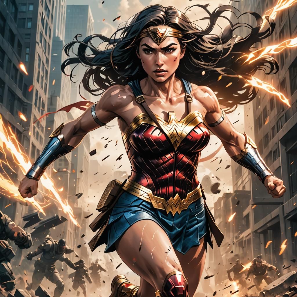 Anime Wonder Woman Running on Battlefield, Cel-Shaded Art