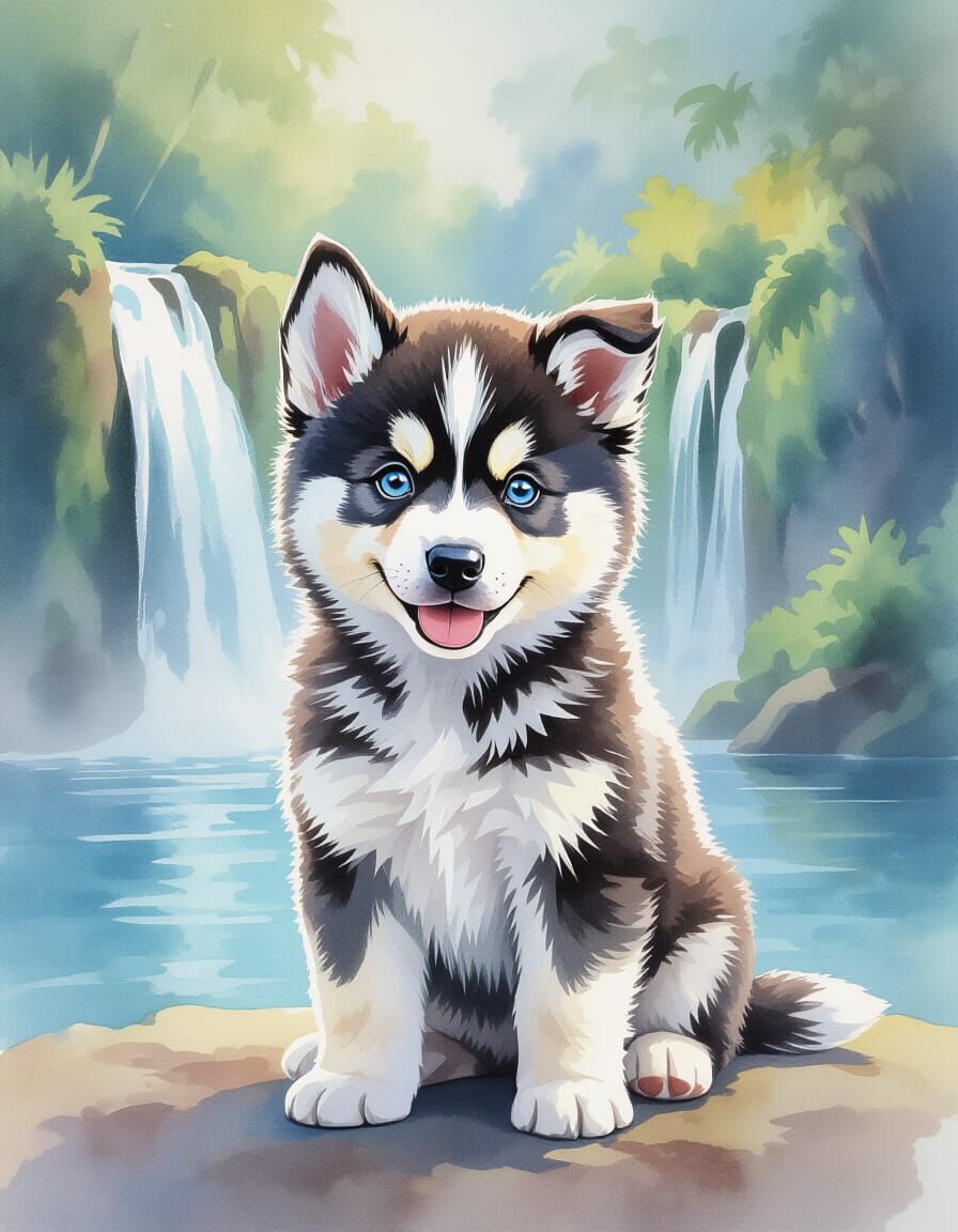 Husky Puppy by Caribbean Waterfall in Watercolor-Gouache