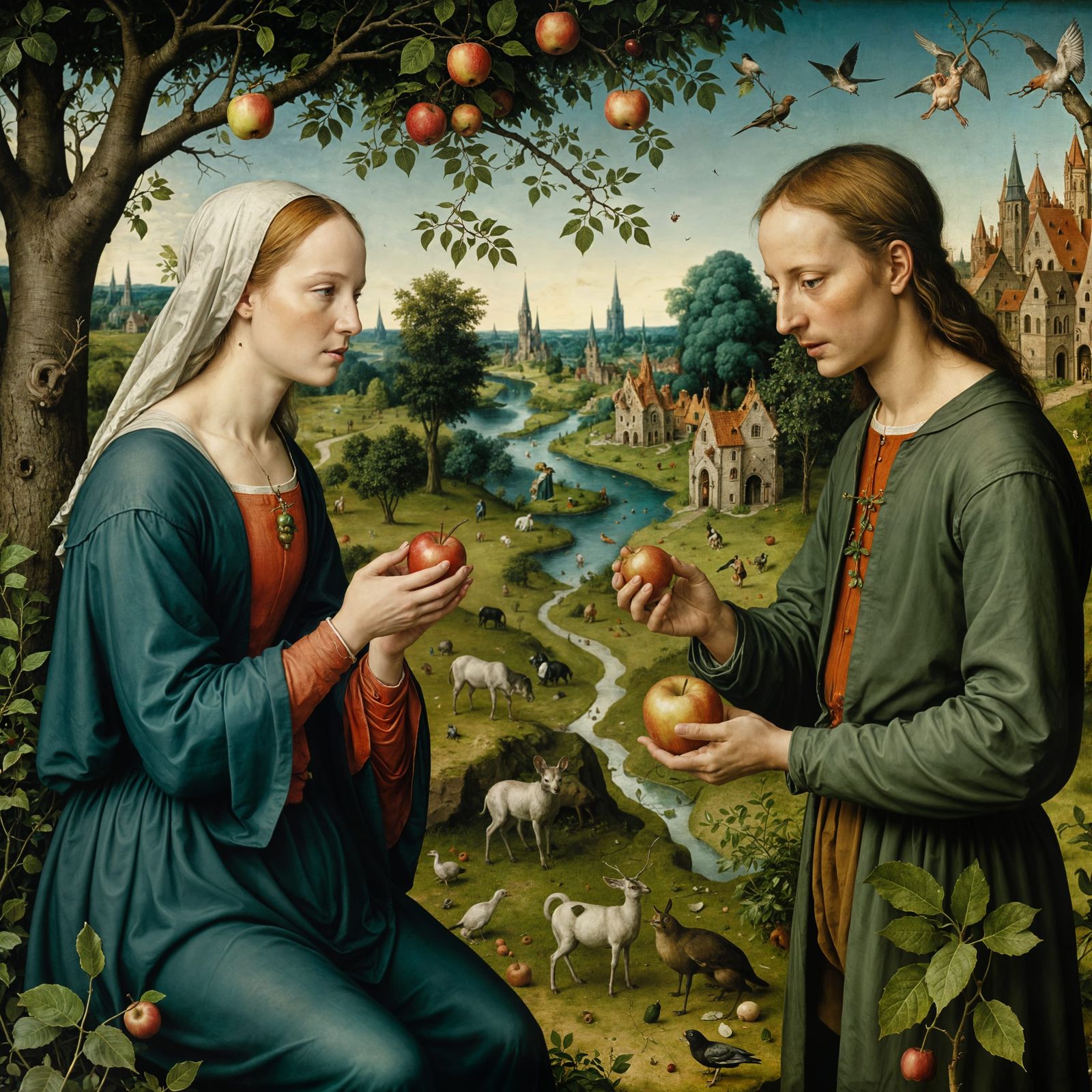 Eve Offers Adam a Tempting Apple in a Surreal Garden