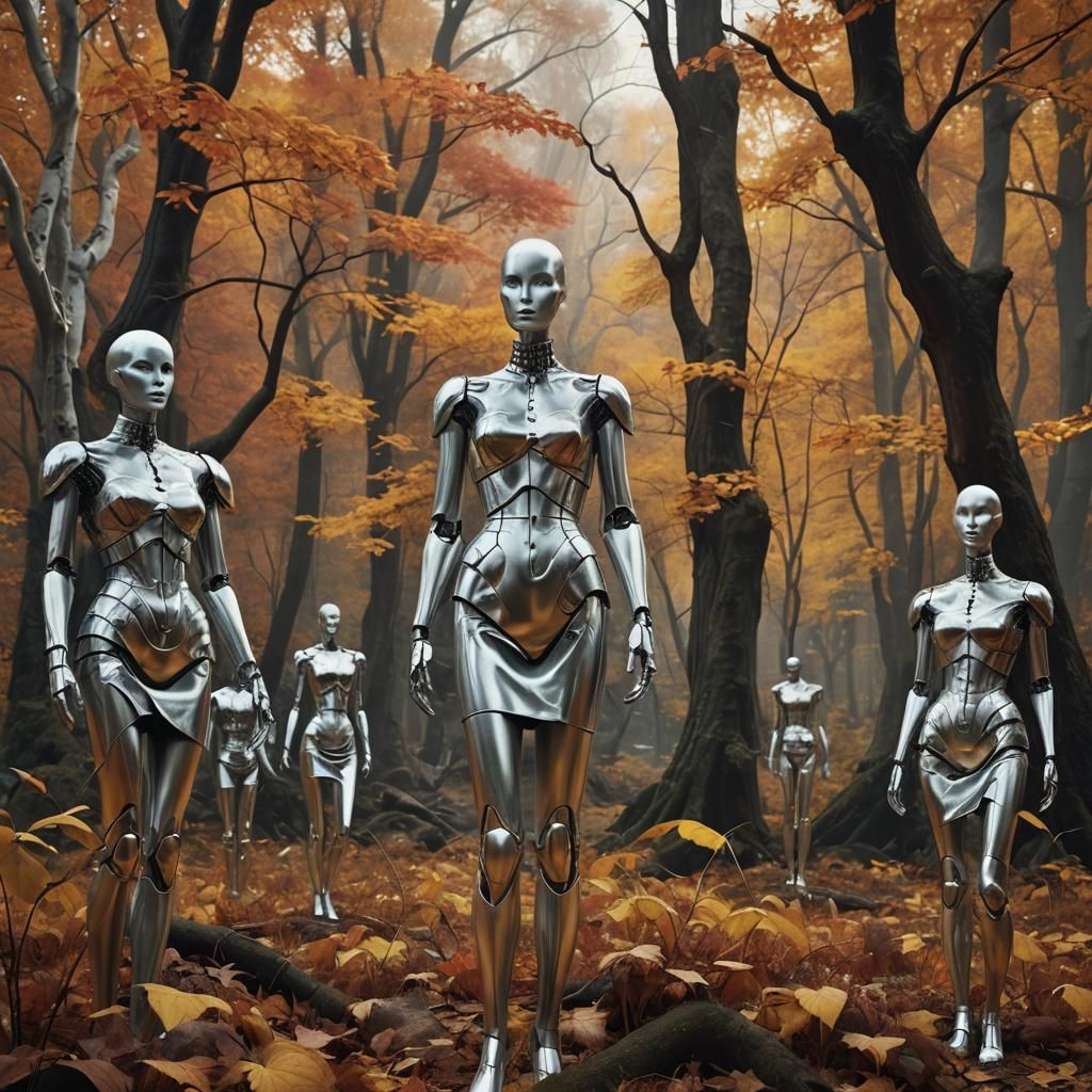 Eerie Silver Mannequins in Autumn Wilderness