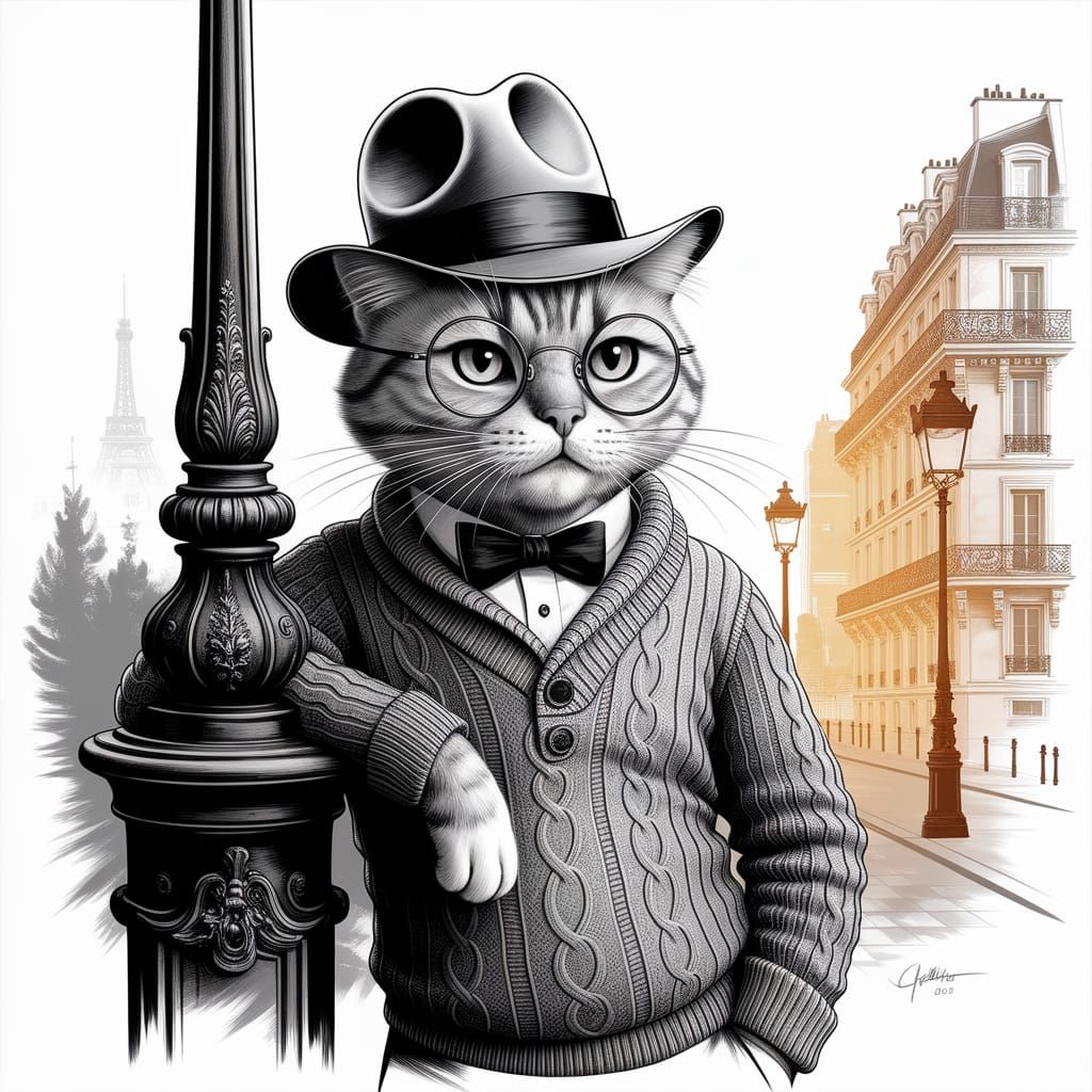Aloof Orange Cat in Sweater and Glasses, Parisian Style Draw...
