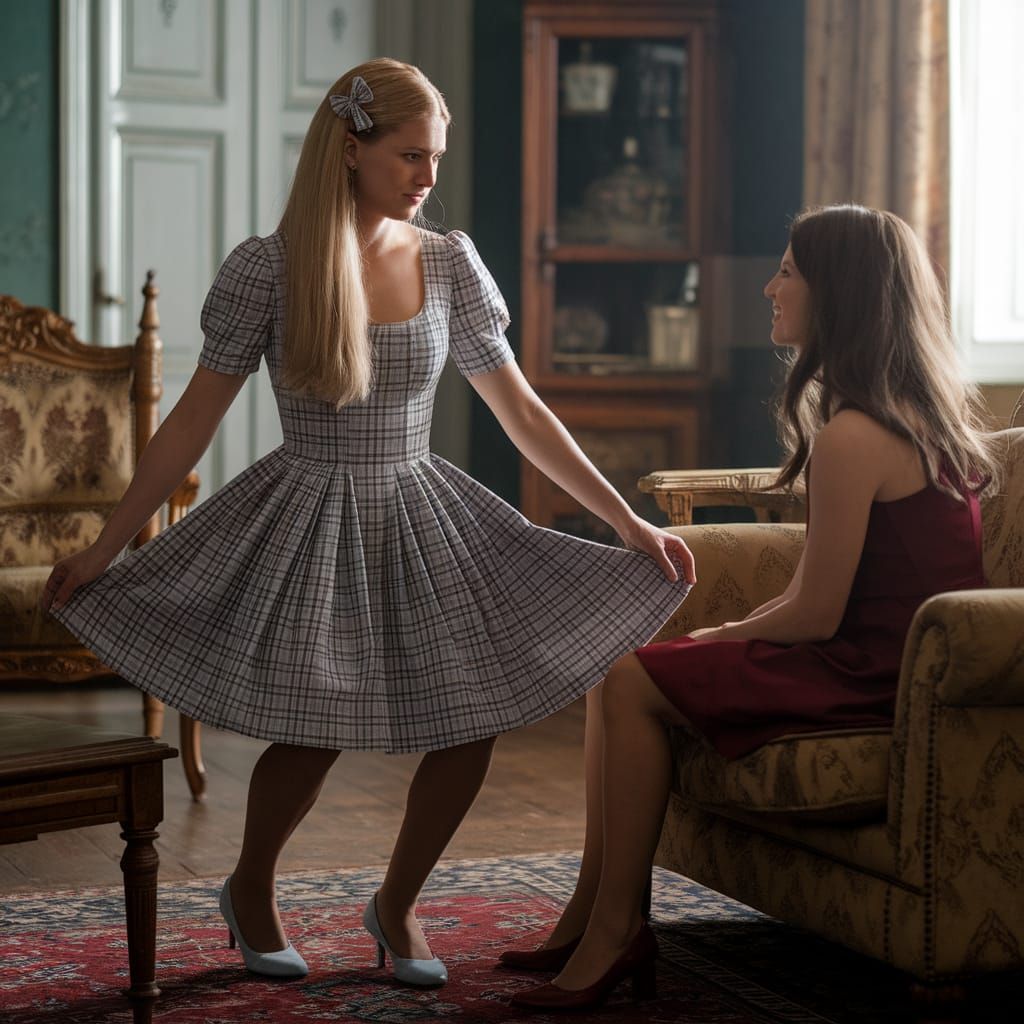 Worried Young Man Crossdressing in Plaid Minidress