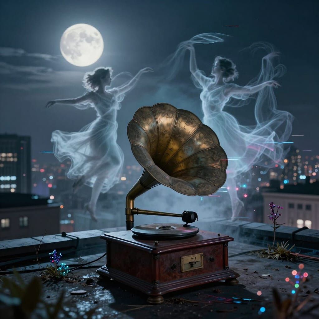Ghostly Dancers Around Vintage Gramophone Overlooking Future...