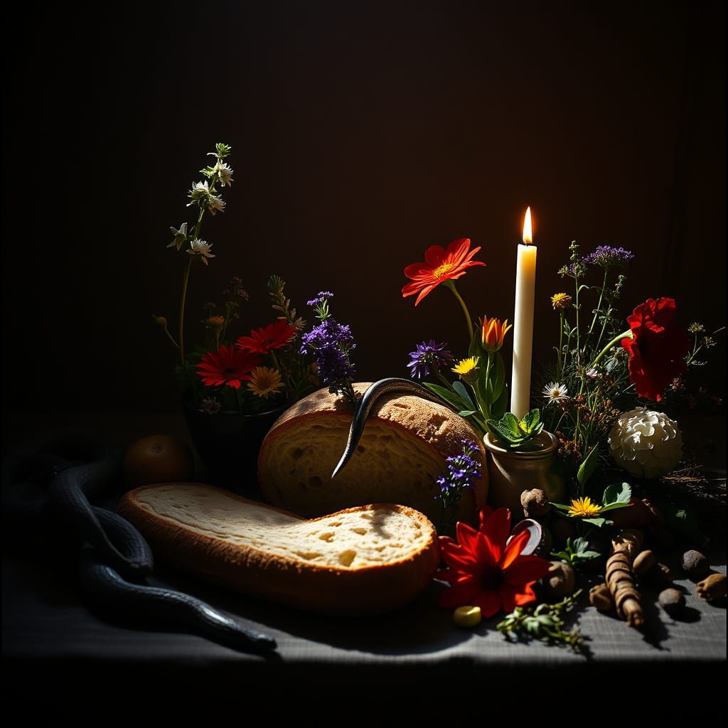 Surreal Baltic Mythology Still Life in Cinematic Style