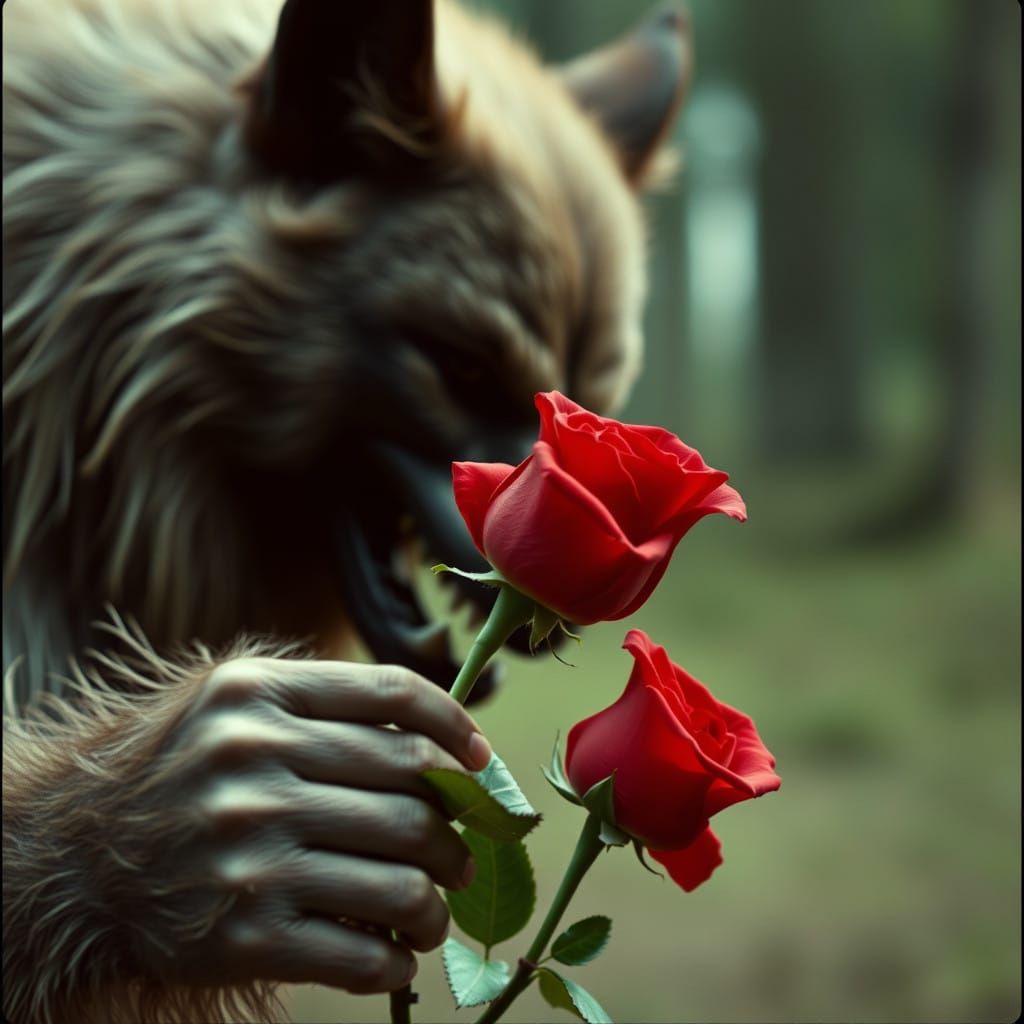 Werewolf Offers Red Rose in Cinematic Film Still
