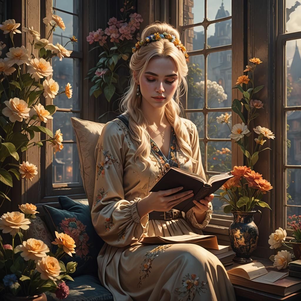 Girl Reading Book in Vintage Room, Detailed Matte Painting