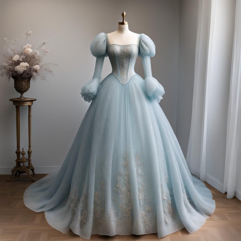 Rococo Princess Dress on Dress Form in Pale Blue