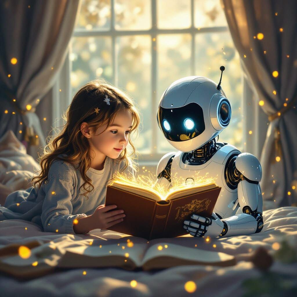 Girl and AI Explore Glowing Storybook