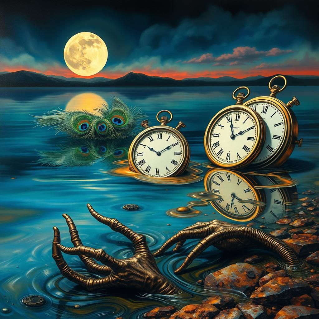 Surreal Lake of Peacock Feathers and Melted Clocks