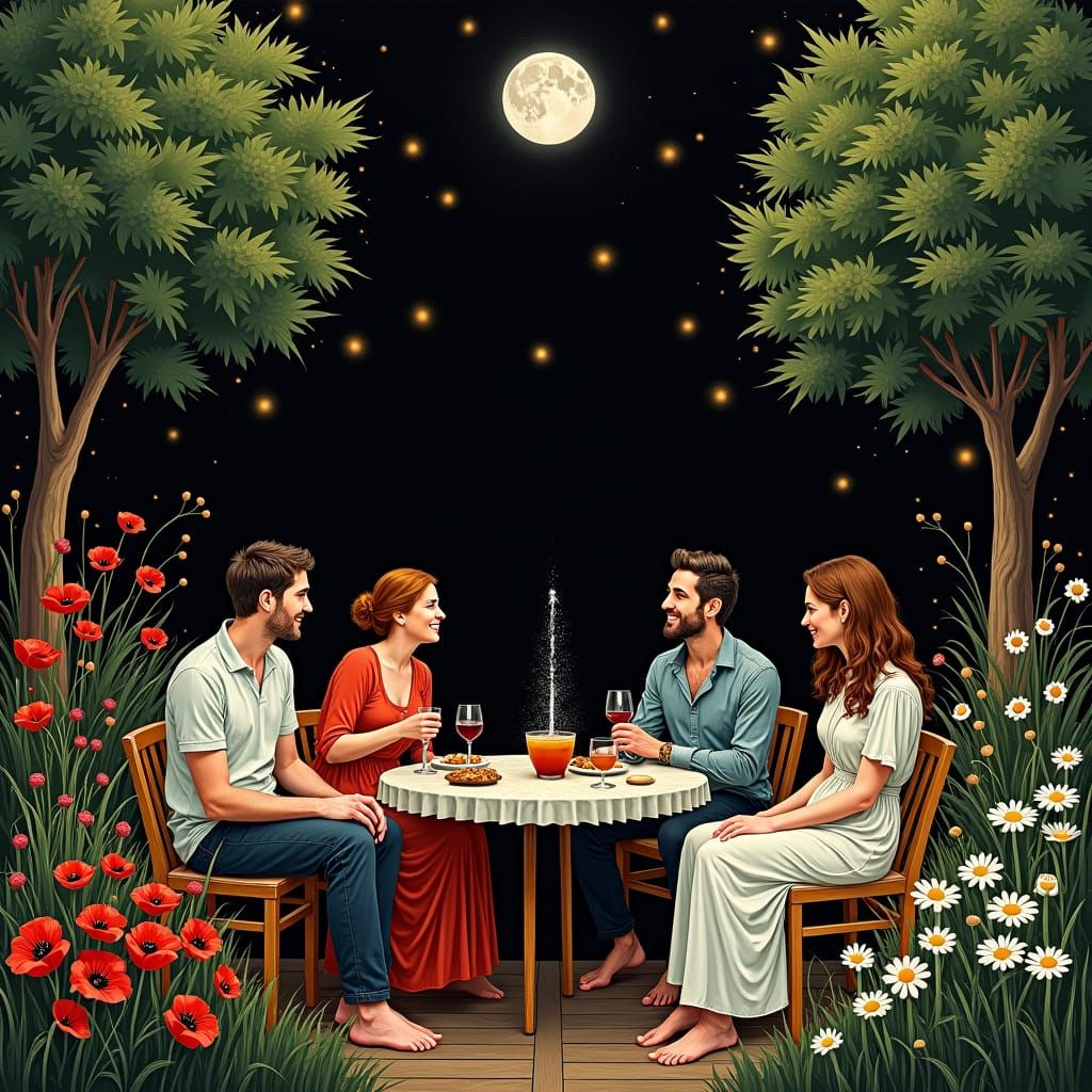 Friends Gather Under Fairy Lights in Palekh Style