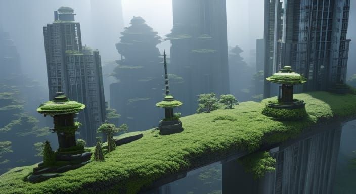 Bonsai Garden Amongst Skyscraper Ruins: Hyperdetailed Concep...