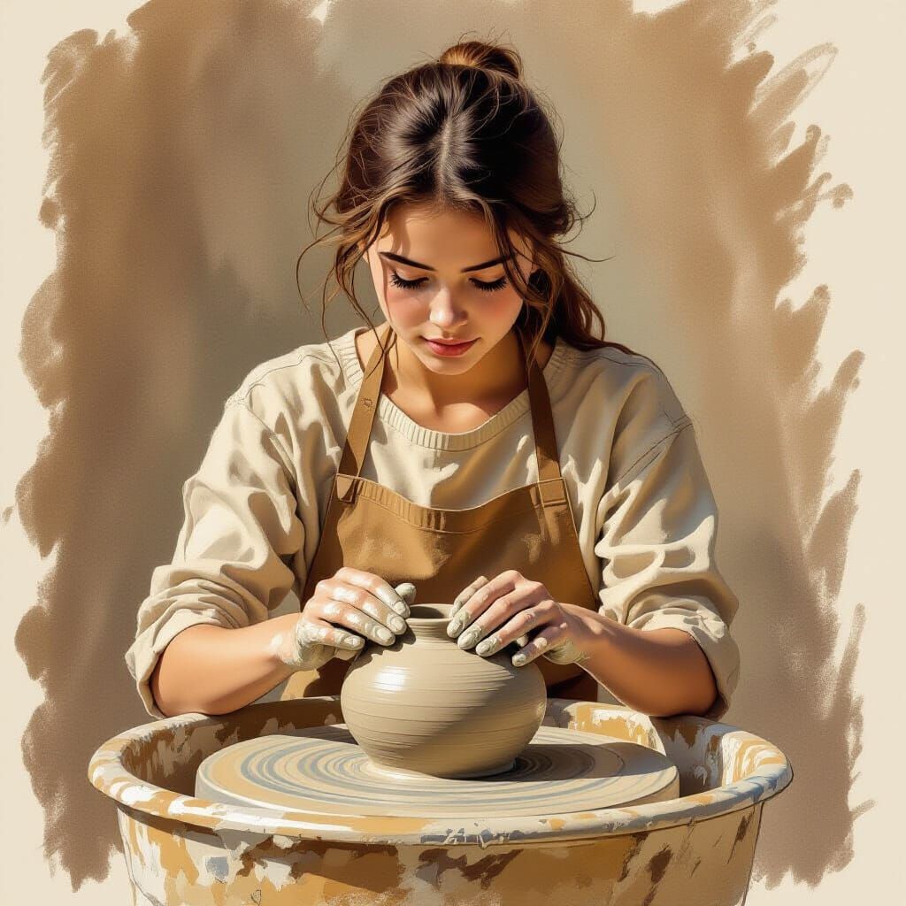 Teenage Girl Concentrates on Pottery Wheel Sketch