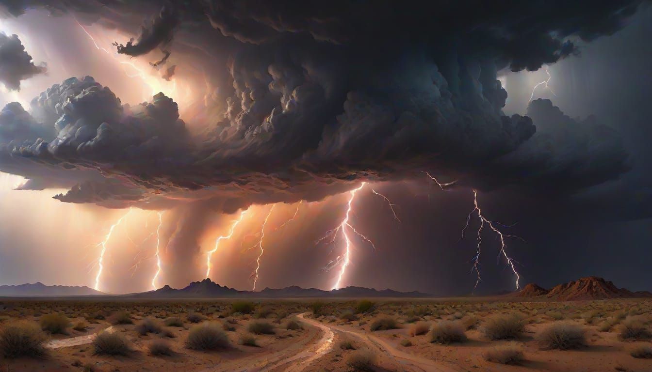 Impressionist Oil Painting of Desert Thunderstorm