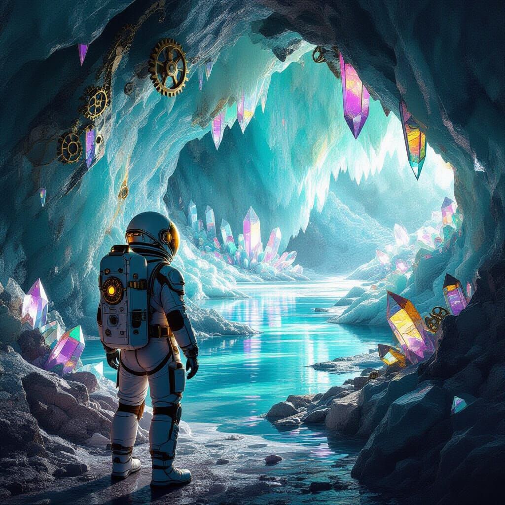 Explorer at Crystal Cave in Digital Art Style