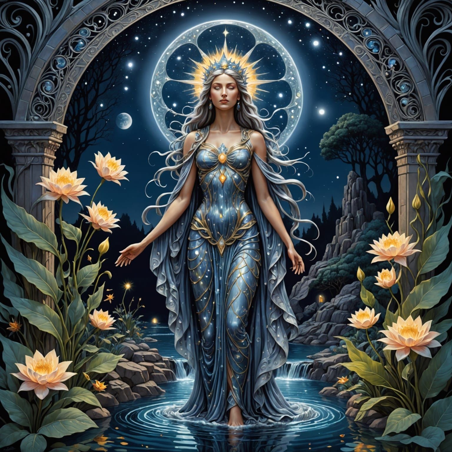 Goddess of Liberty in Moonlit Grotto, Art Nouveau Style